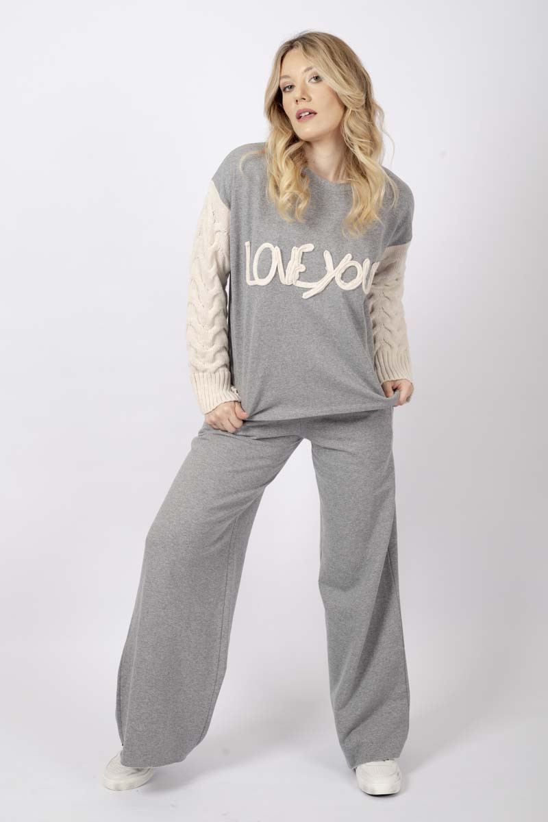 Gray sweater with raised lettering