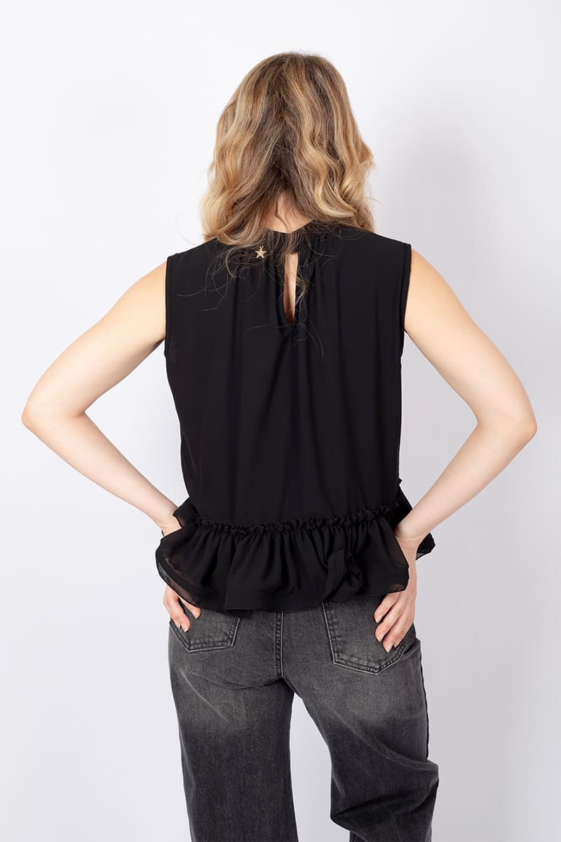 Black sleeveless blouse with ruffle