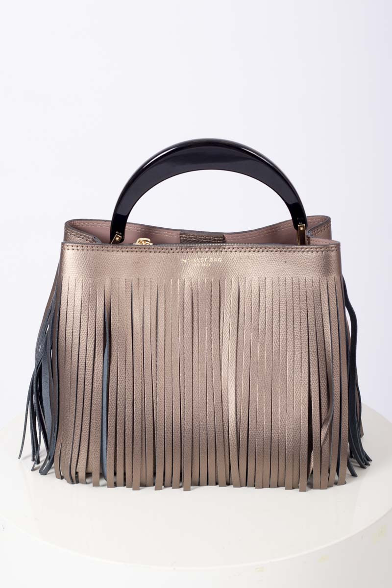 Bronze fringe bucket bag