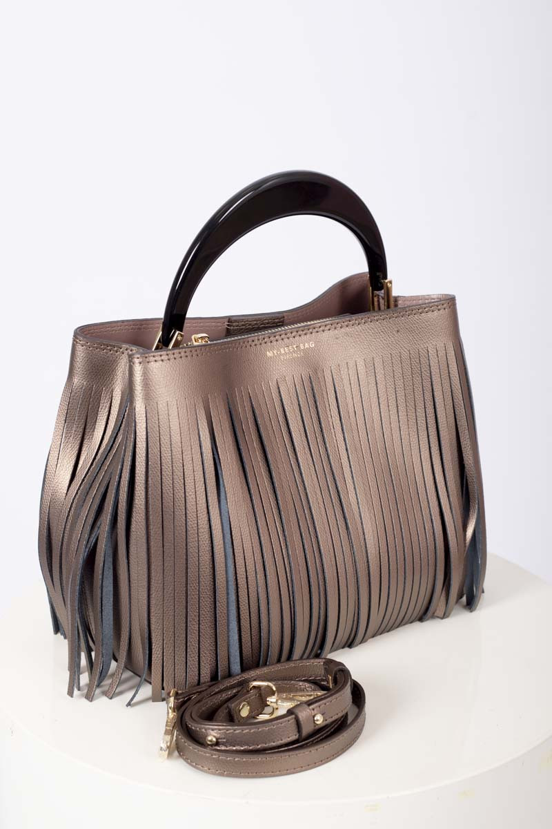 Bronze fringe bucket bag