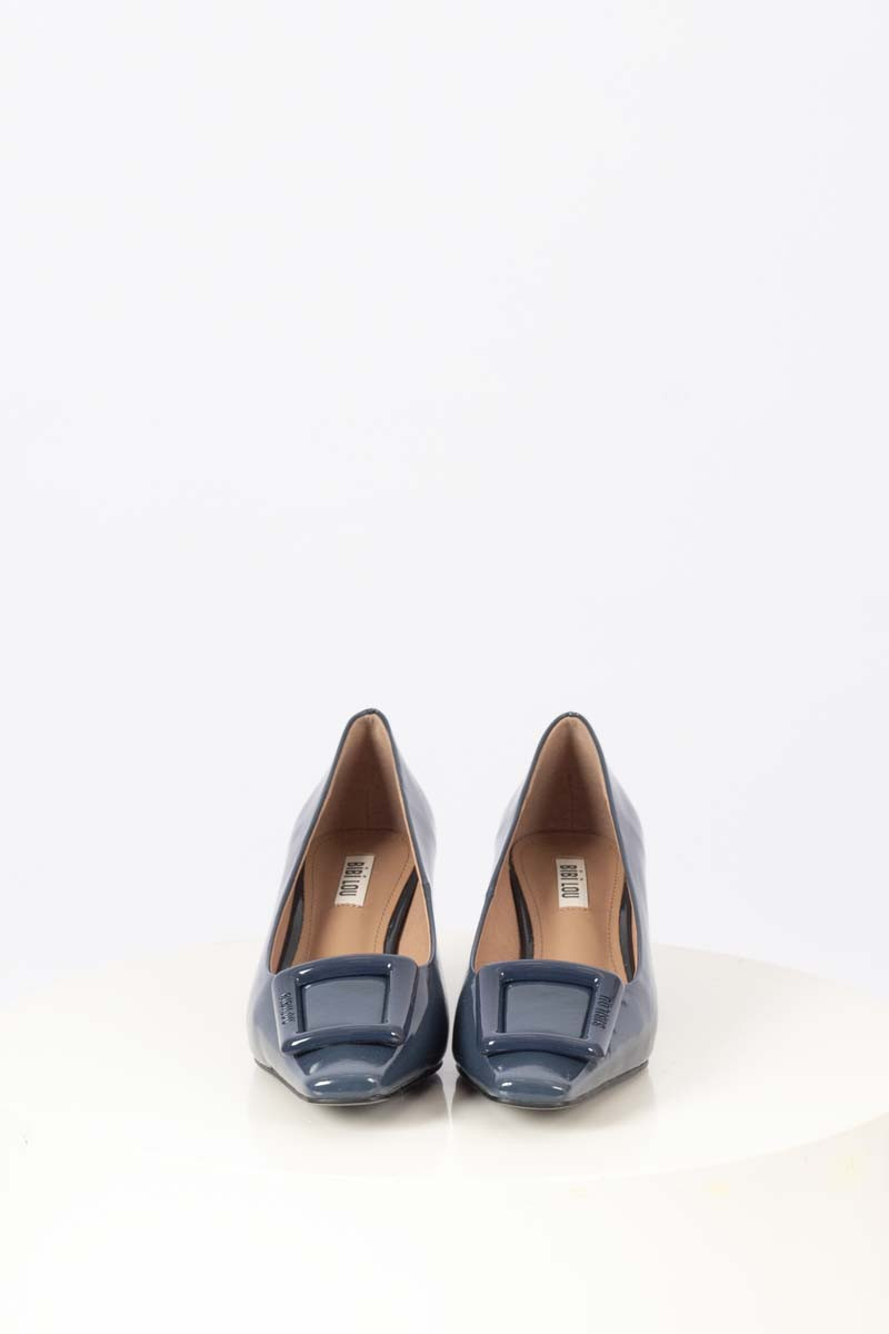 Blue denim buckle pumps