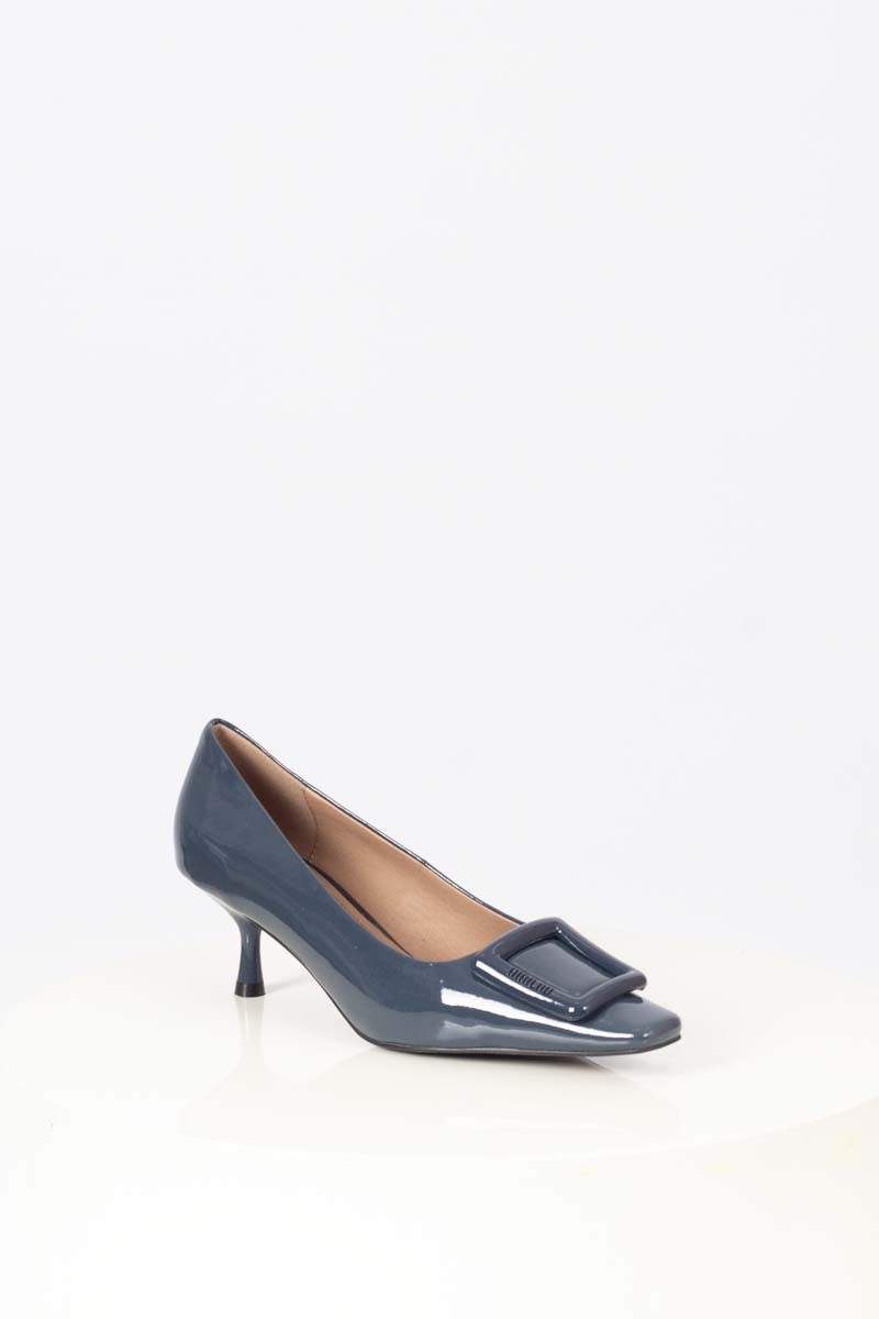 Blue denim buckle pumps