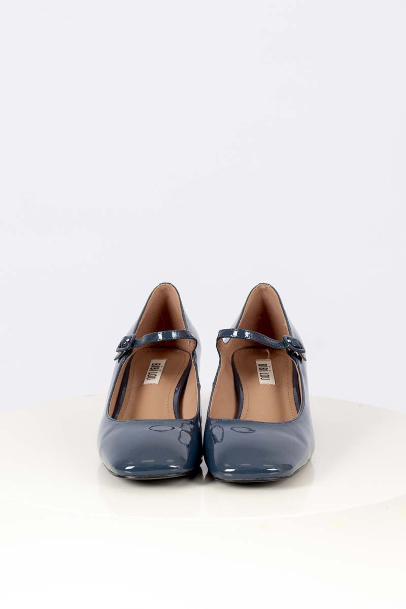 Blue denim patent leather Mary Janes