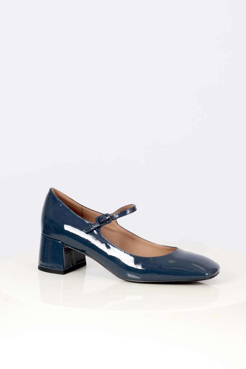 Blue denim patent leather Mary Janes