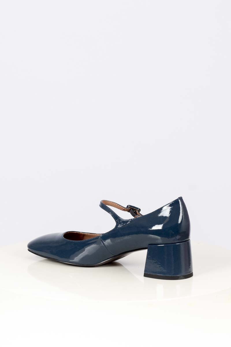 Blue denim patent leather Mary Janes