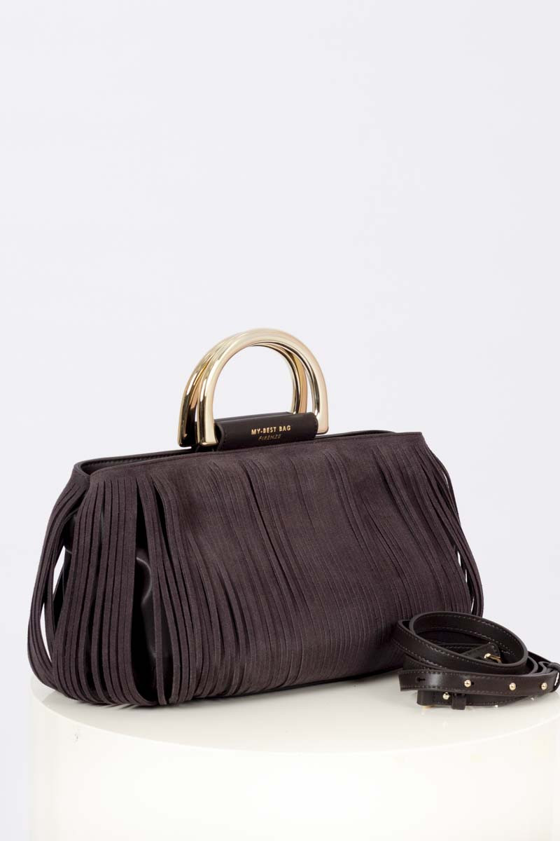 Chocolate-colored handbag with fringes