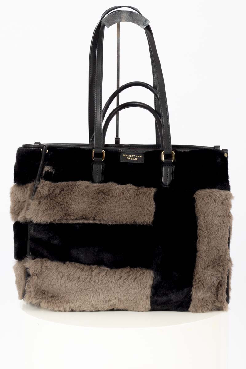 Leather bag with black and taupe fur