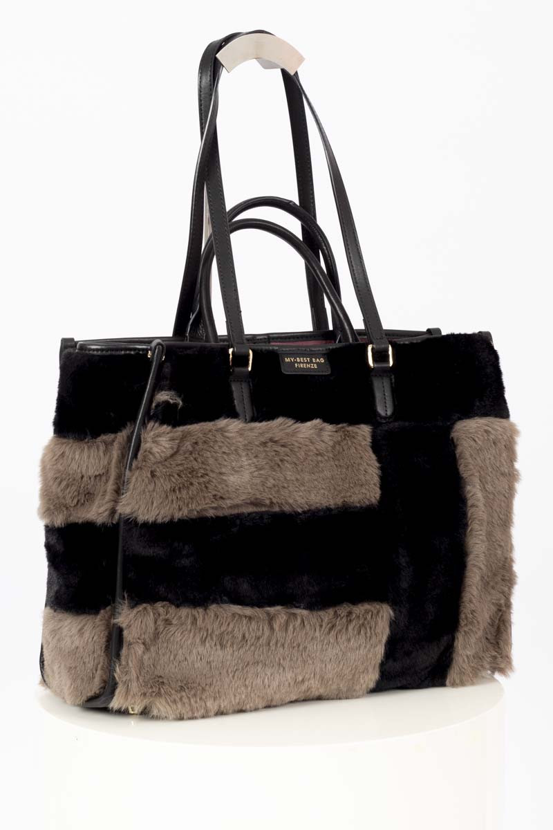 Leather bag with black and taupe fur