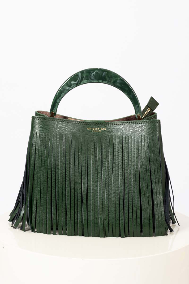 Borsa a secchiello con frange verde bosco My Best Bag