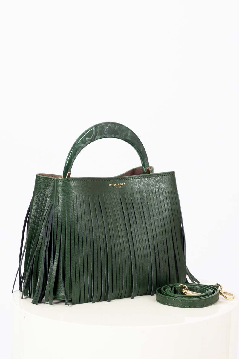 Forest green fringe bucket bag