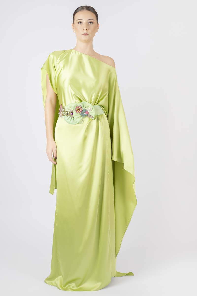 Long satin dress in pistachio green