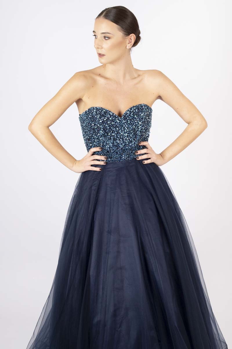 Blue evening dress sequins embedded