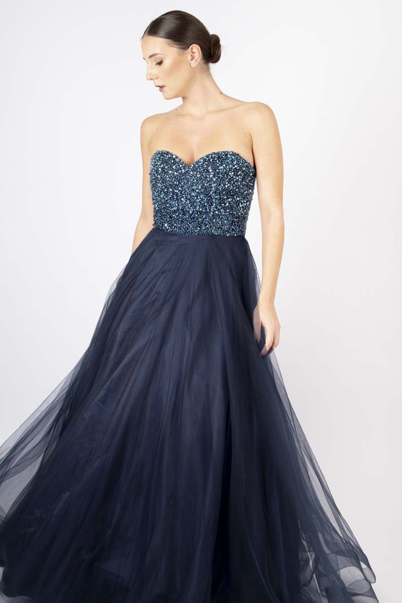 Blue evening dress sequins embedded