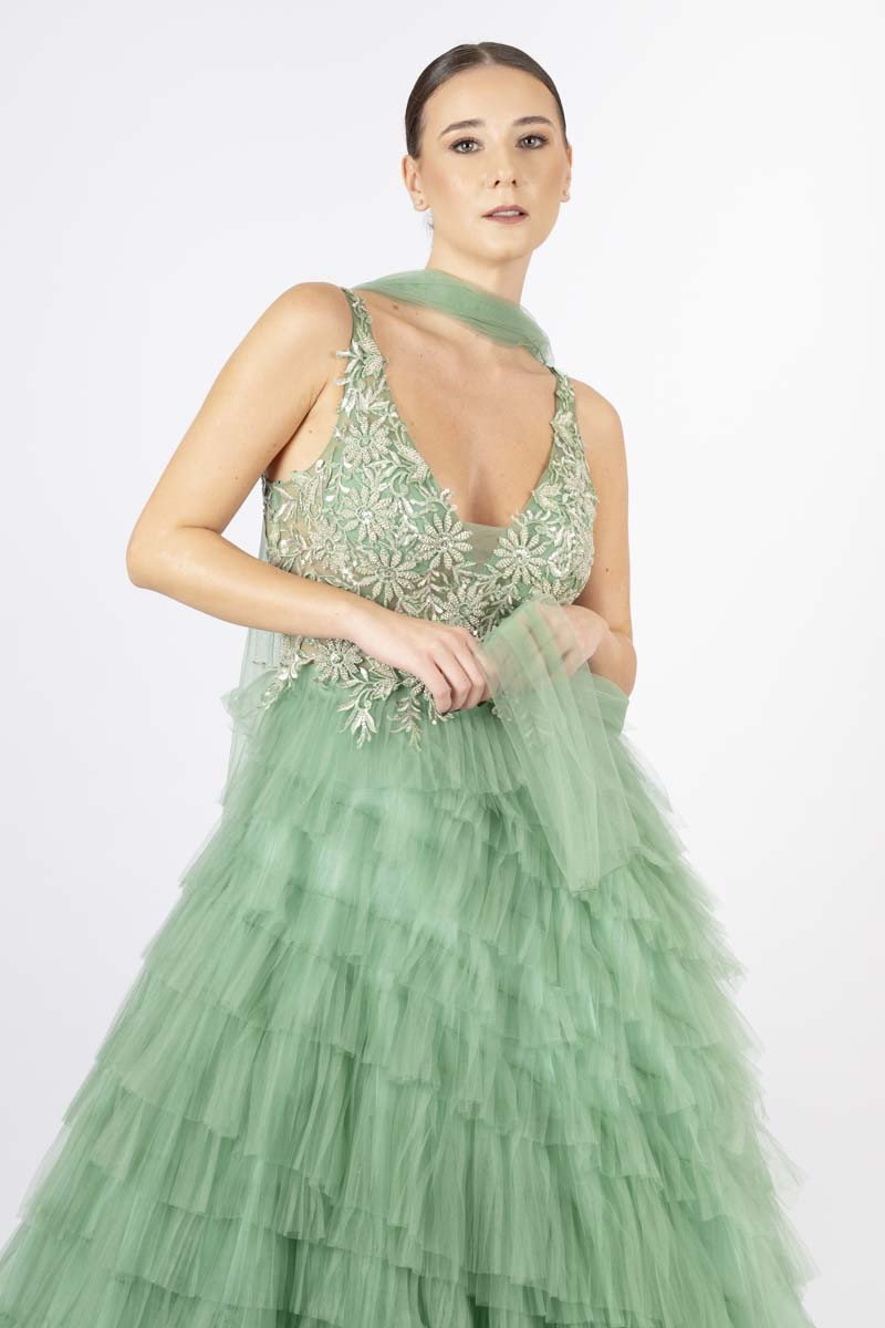 Green long dress sequins embedded