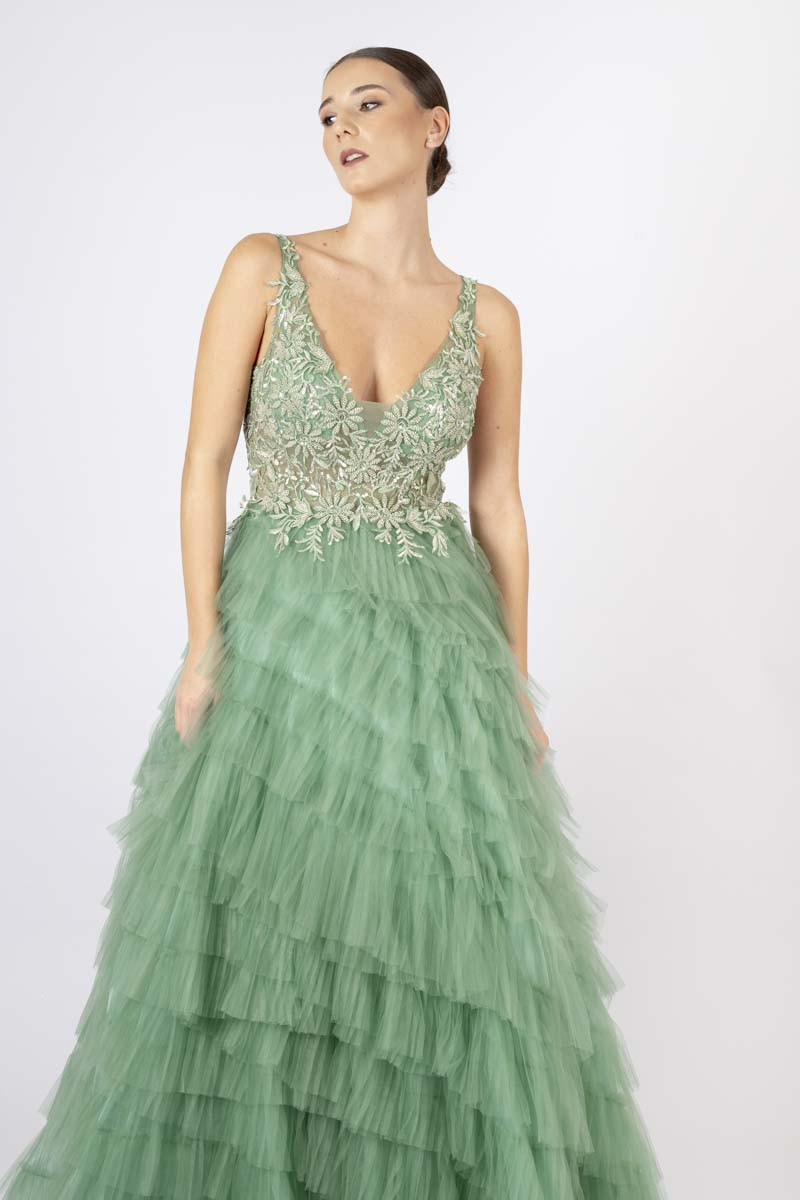 Green long dress sequins embedded