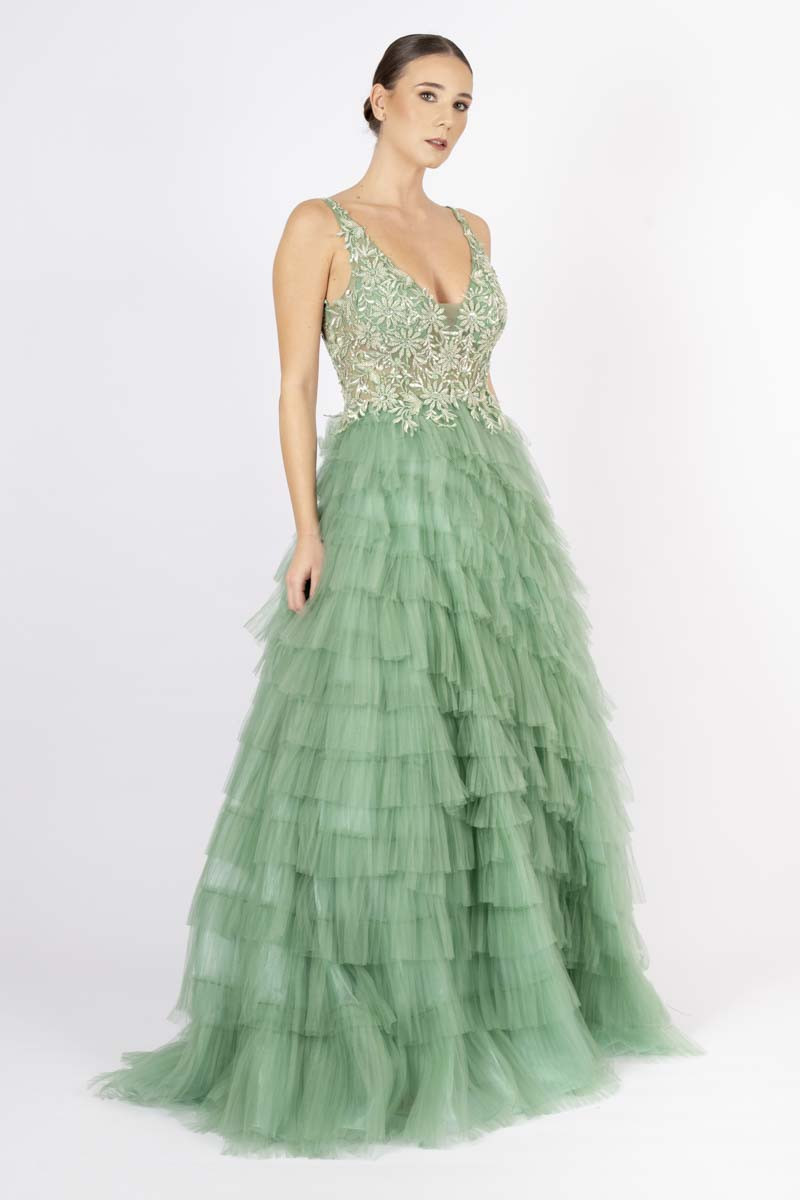 Green long dress sequins embedded