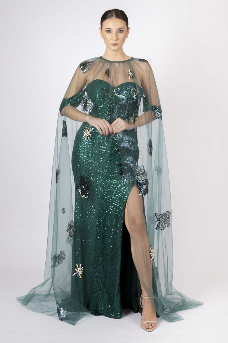 Green mermaid dress with sequins and cape