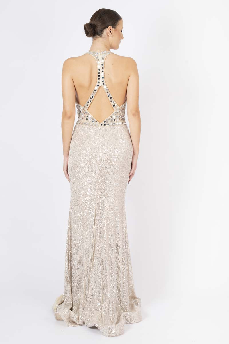 Beige mermaid dress with open back