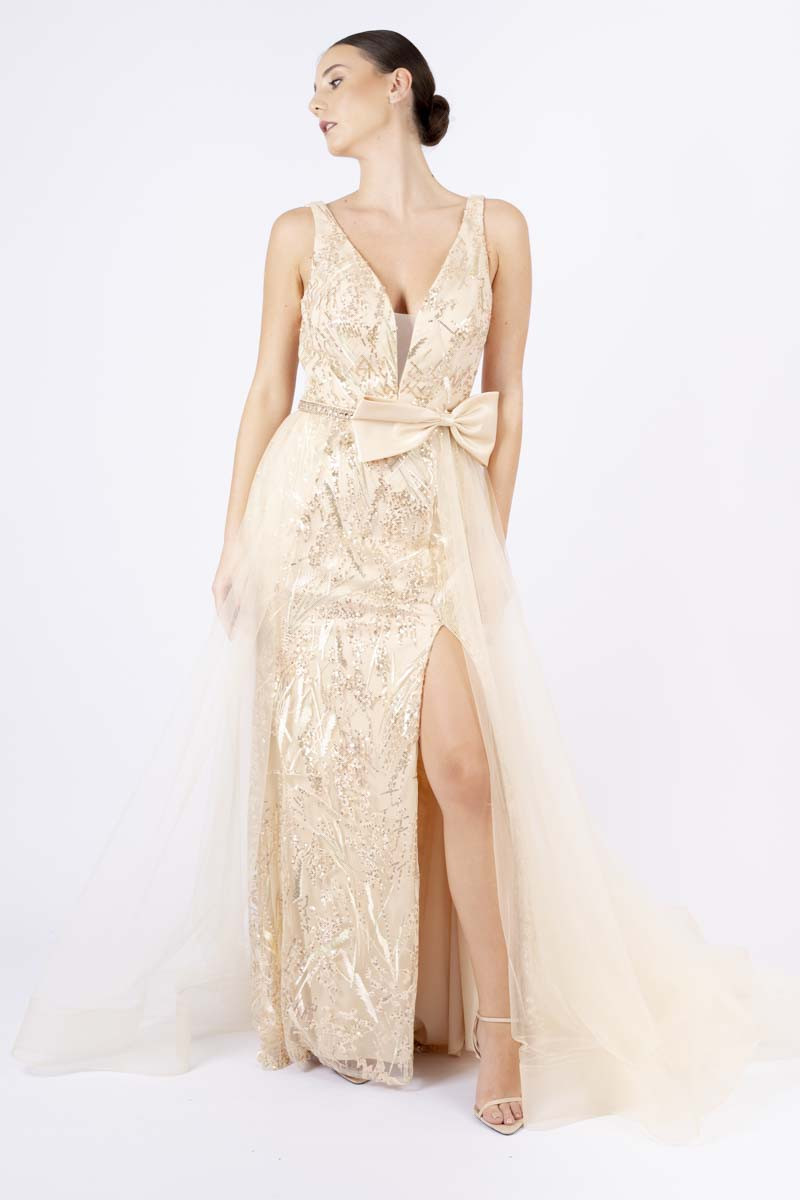 Abito con fiocco e gonna in tulle oro