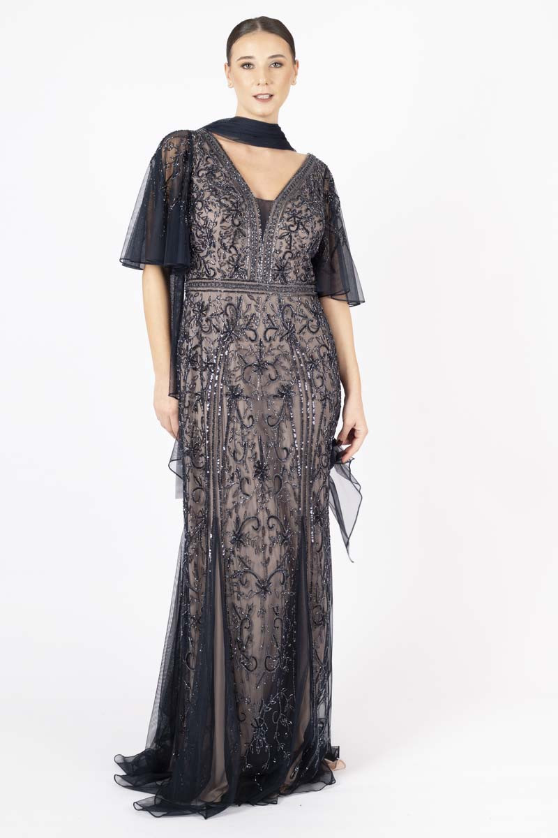 Long dress with blue embroidery