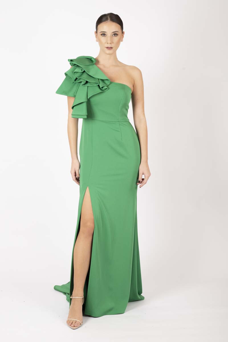 Emerald green one-shoulder dress