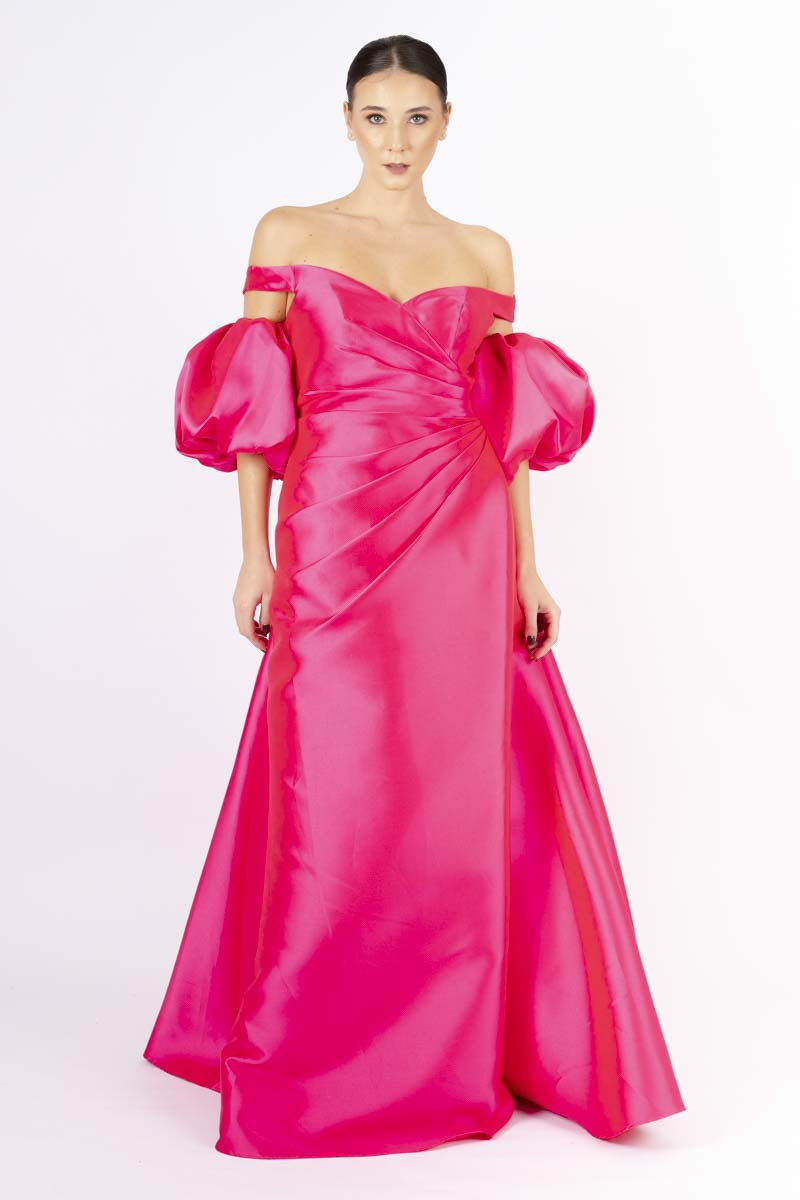 Fuchsia puff-sleeved long dress