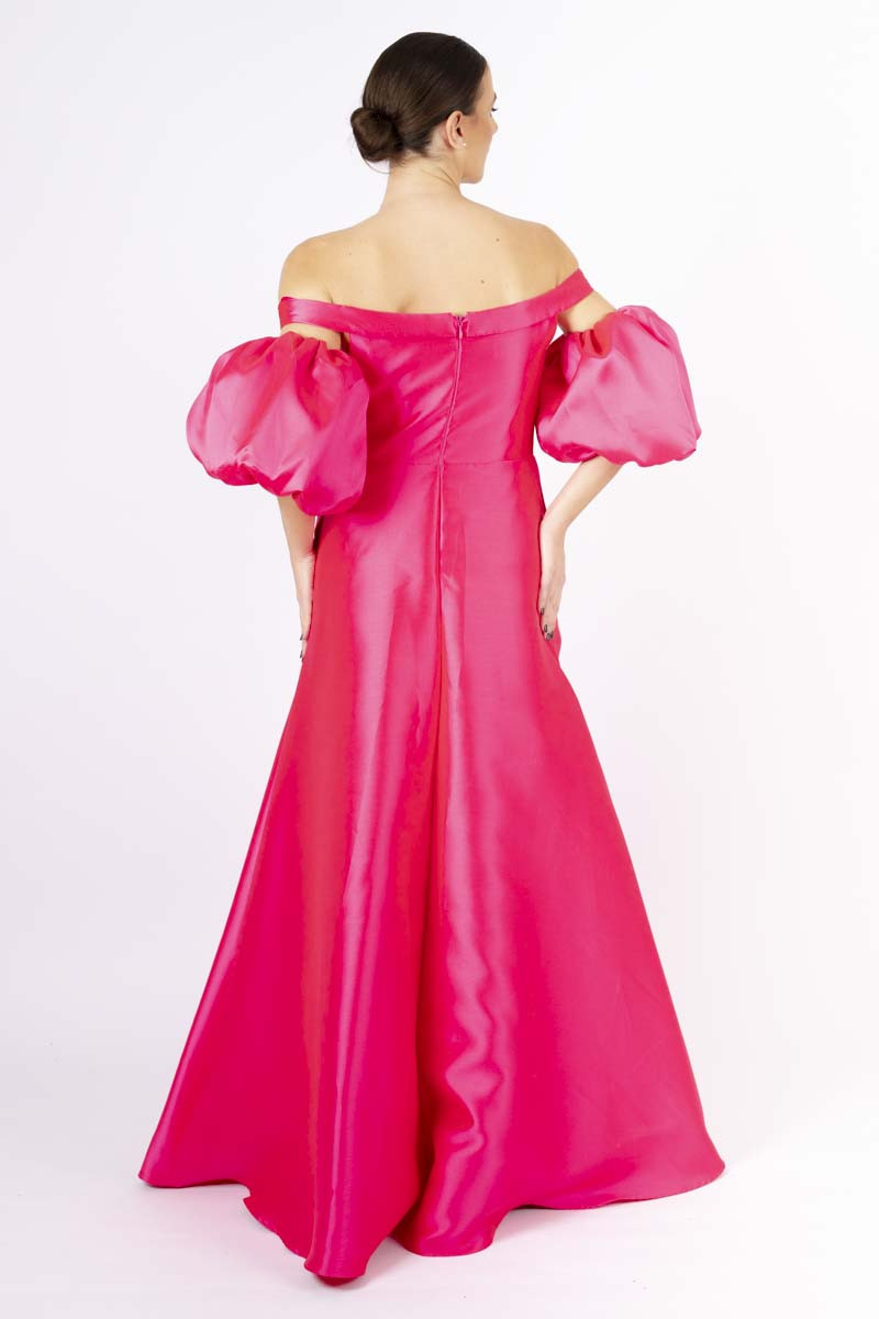 Fuchsia puff-sleeved long dress