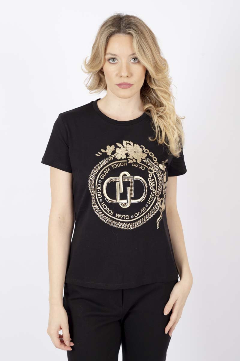 Black logo T-Shirt with rhinestones