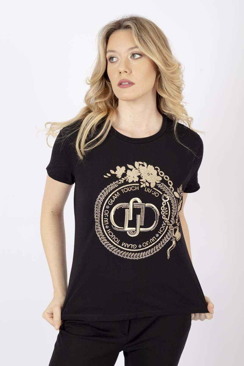 Black logo T-Shirt with rhinestones