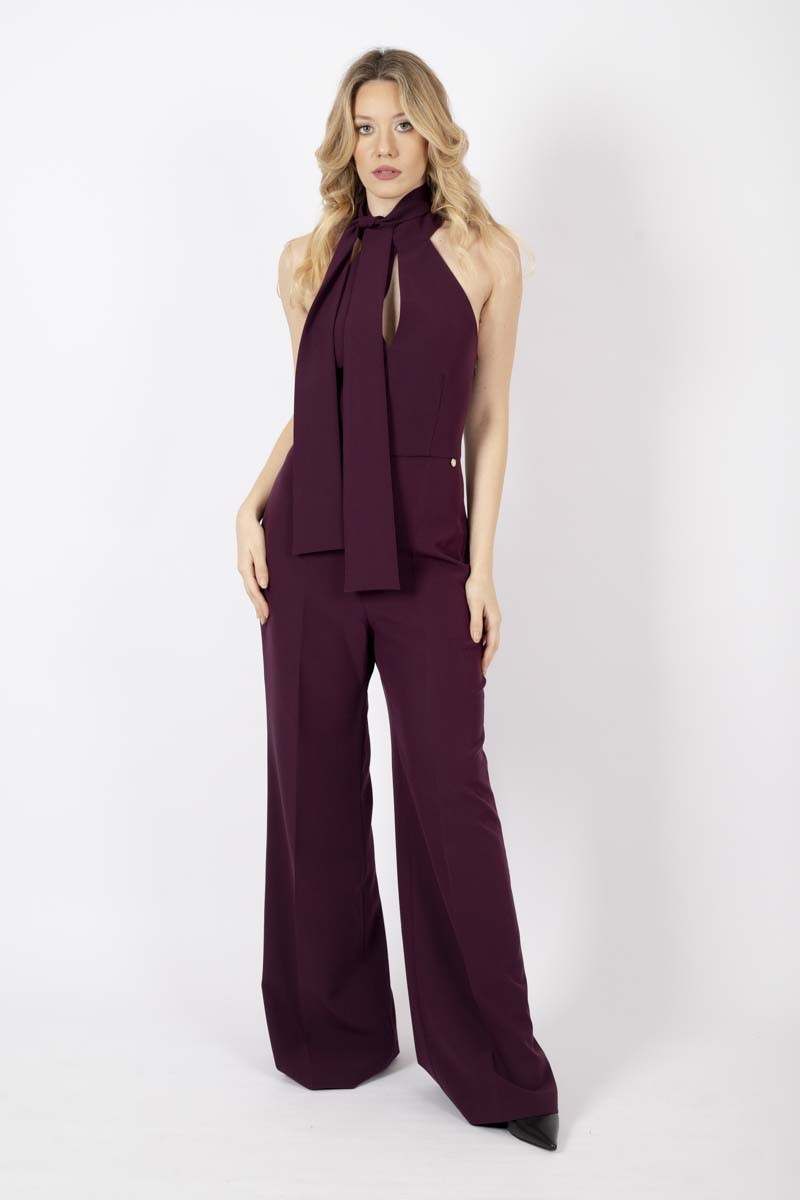 Stretch eggplant jumpsuit with scarf