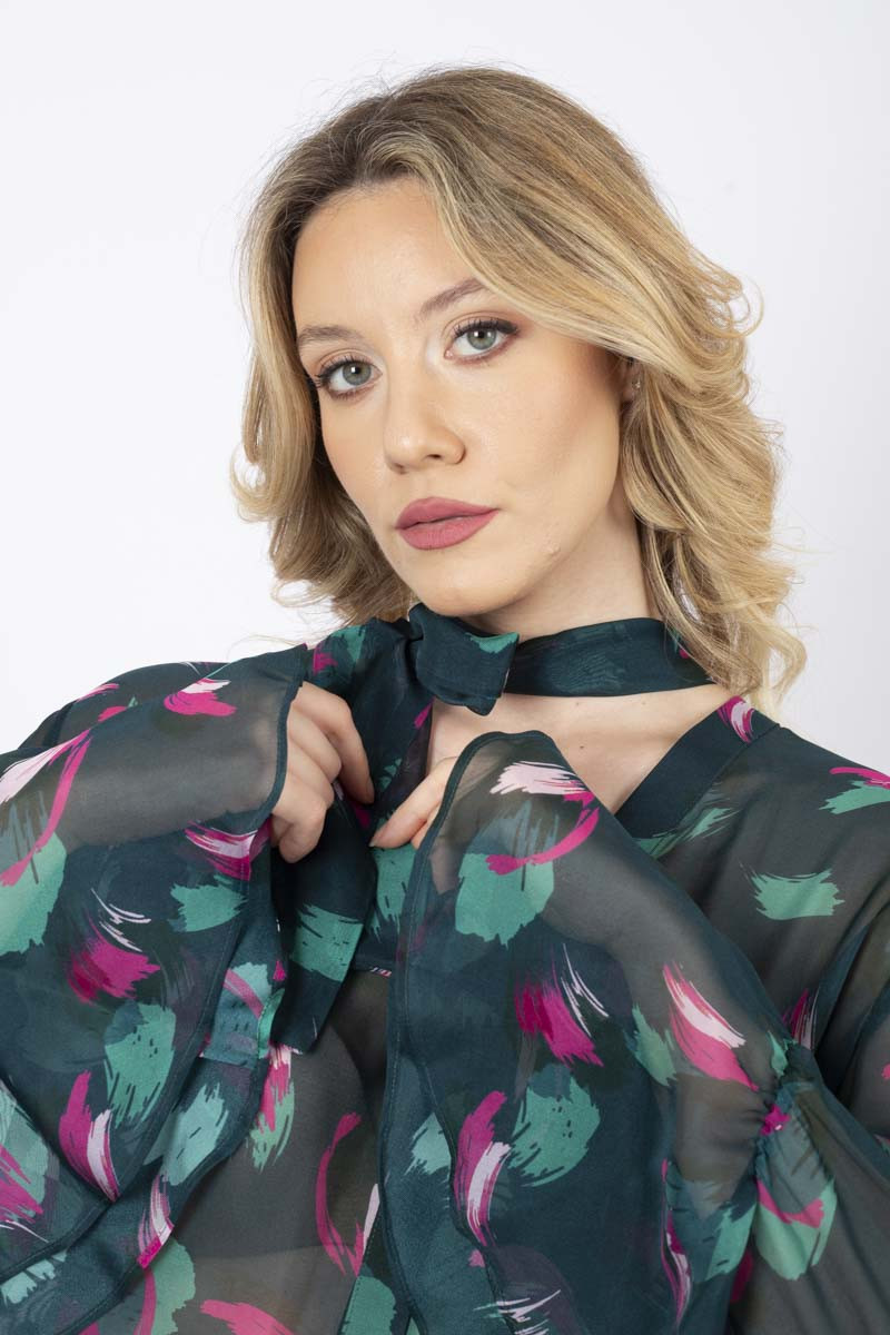 Green floral blouse with bow