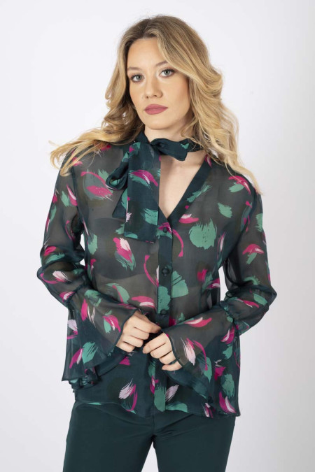 Green floral blouse with bow