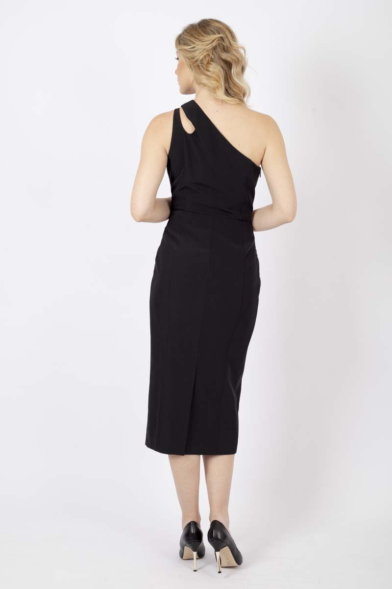 One-shoulder black dress with detail